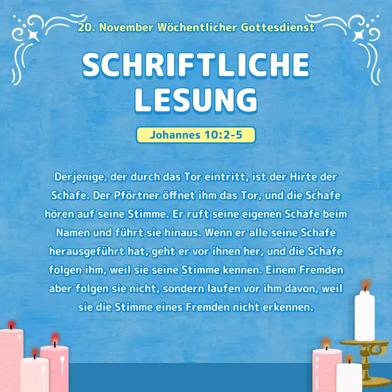 Gottesdienstbulletin in hellblauen Tönen mit christlichen Illustrationen