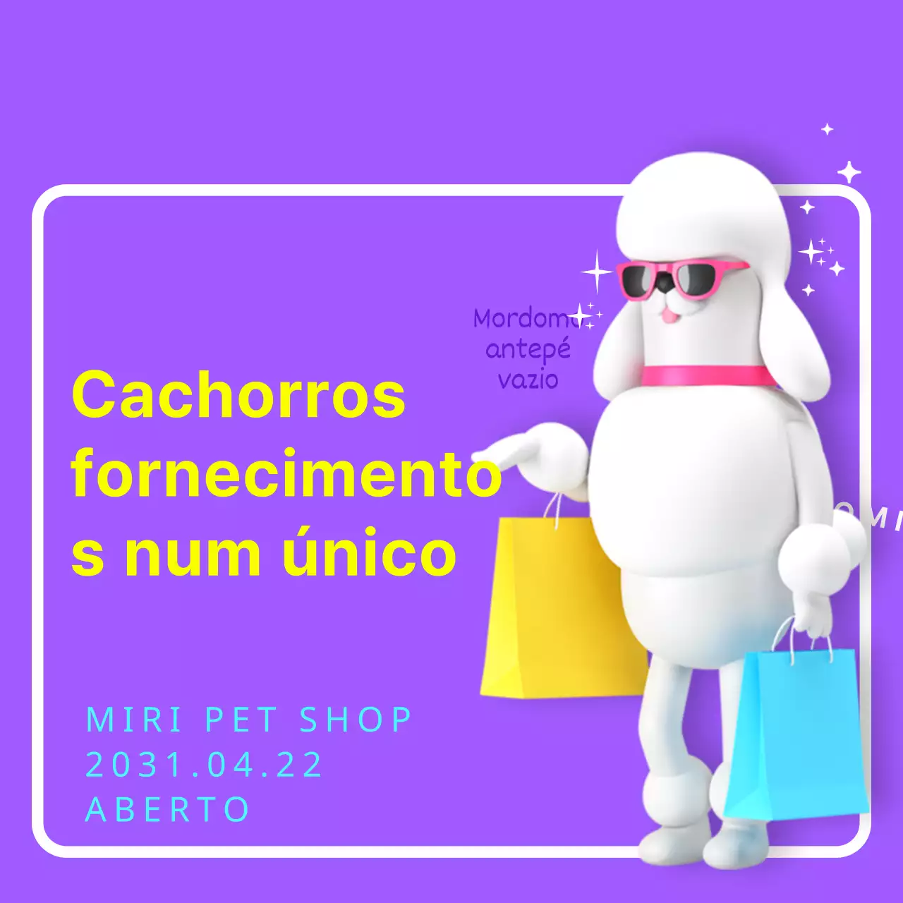 Promover a abertura de um site de artigos para cães com texto amarelo sobre um fundo roxo
