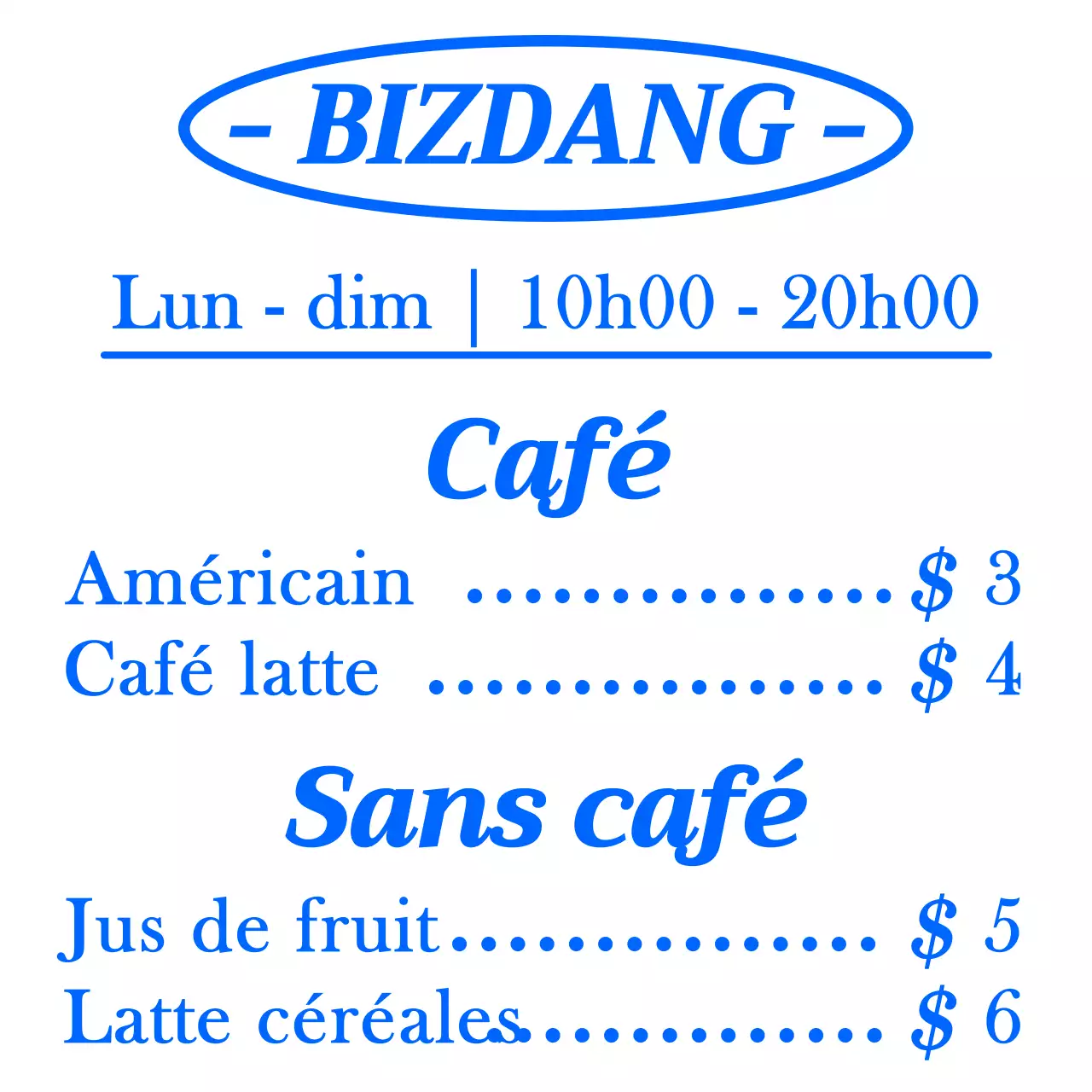 Style de mise en page simple, propre et aligné sur le texte, en bleu et blanc, pour un panneau de menu de café à des fins d'information et de promotion.