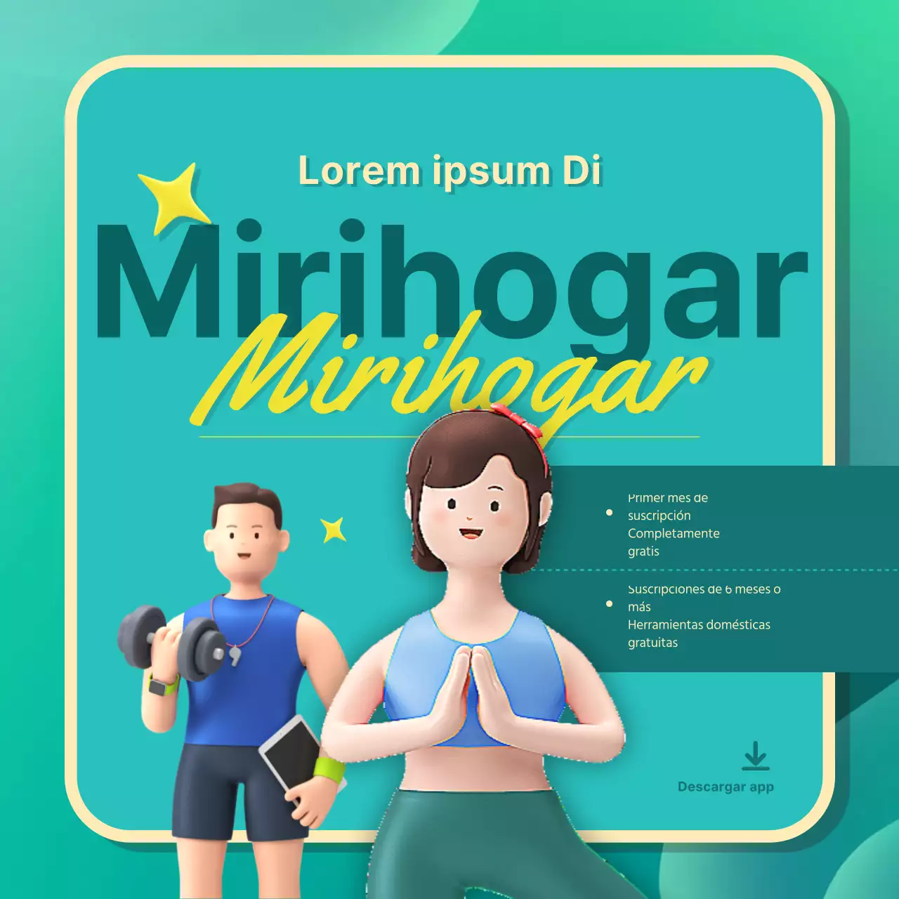 Promociona una simpática aplicación 3D de plataforma de entrenamiento sin contacto para casa en verde y rosa.