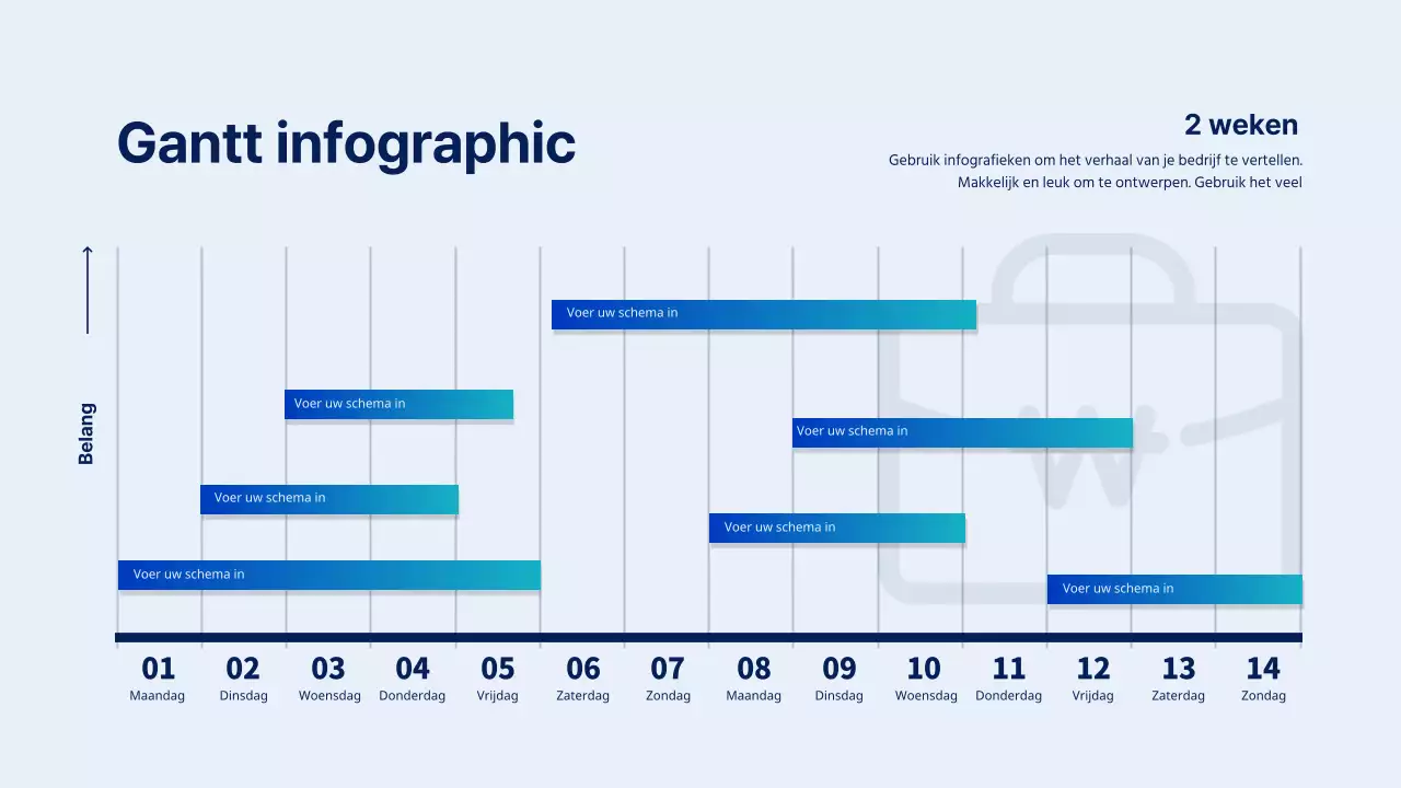 Tweewekelijkse kalender in blauw en lichtblauw Eenvoudig bedrijfsplan Gantt chart infographic