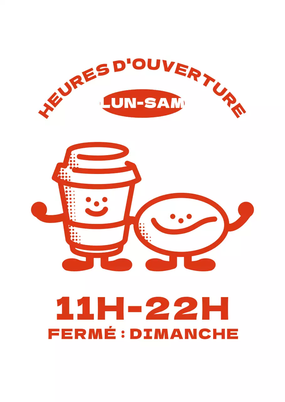 Illustrations de cafés et de haricots rouges avec informations sur les heures d'ouverture des cafés