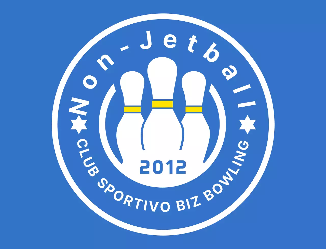 Un'illustrazione pulita del bowling e un logo emblematico in azzurro, bianco e giallo per un club sportivo di bowling.