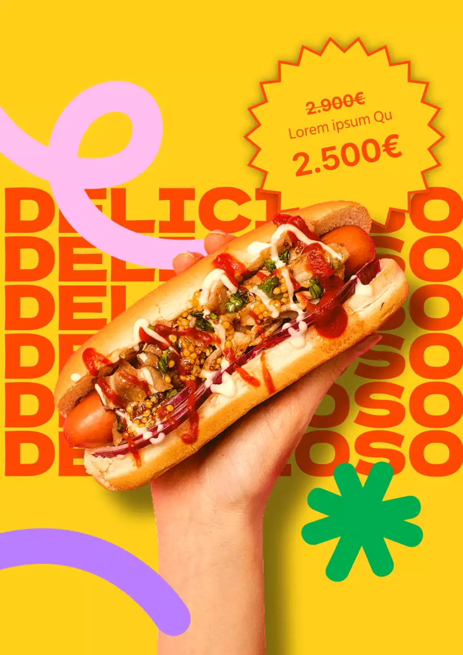 Cartaz colorido amarelo e cor de laranja de um menu alimentar