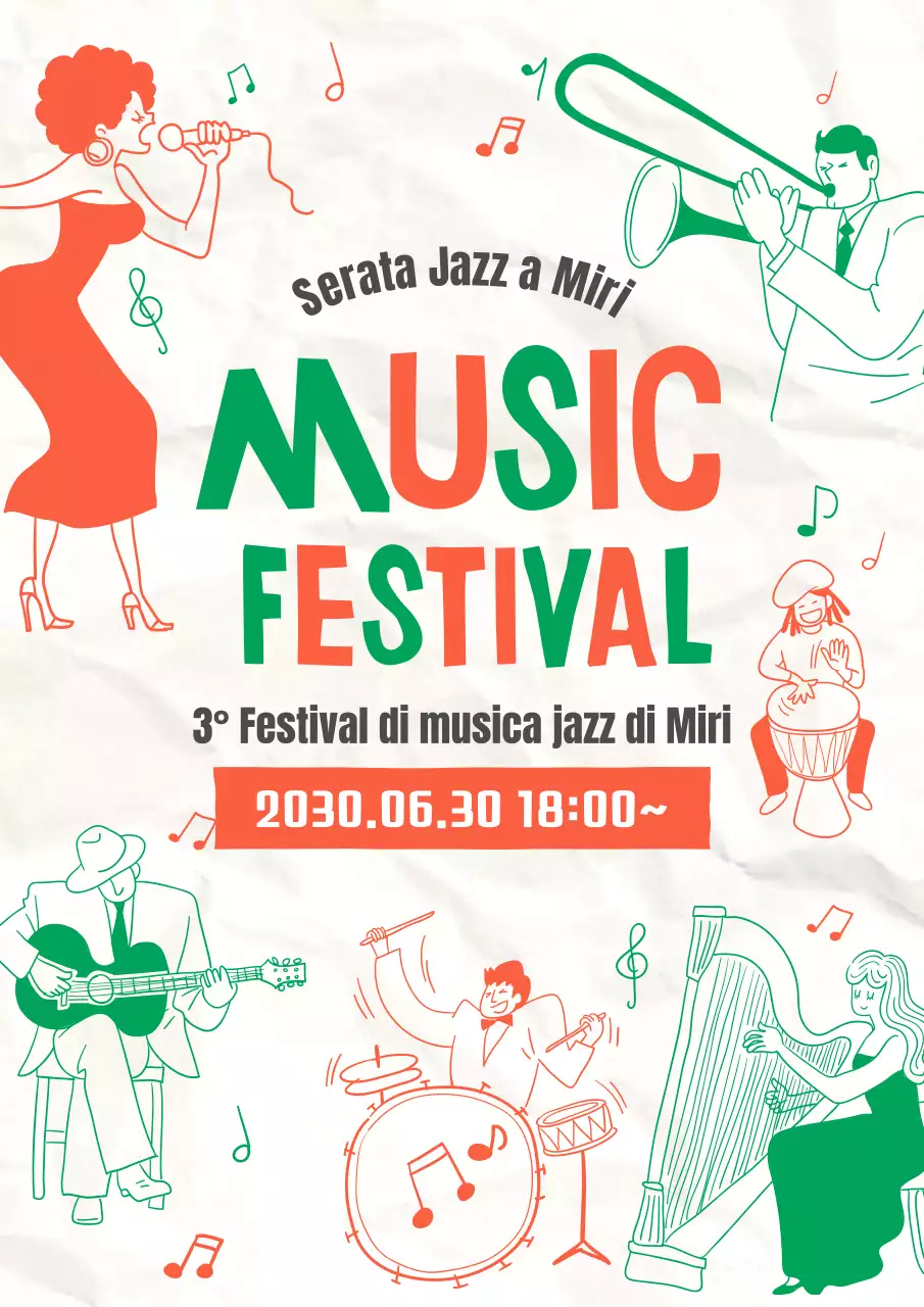 Promozione di una performance jazz con un tocco illustrativo verde-arancio