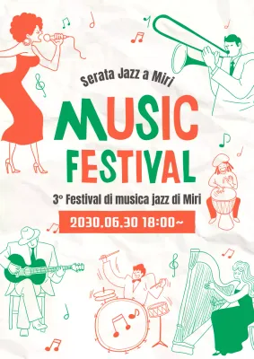 Promozione di una performance jazz con un tocco illustrativo verde-arancio