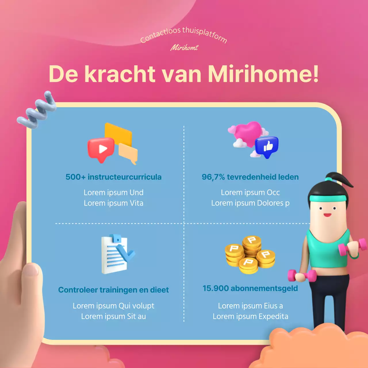 Promoot een schattige 3D contactloze trainingstoepassing voor thuis in groen en roze.