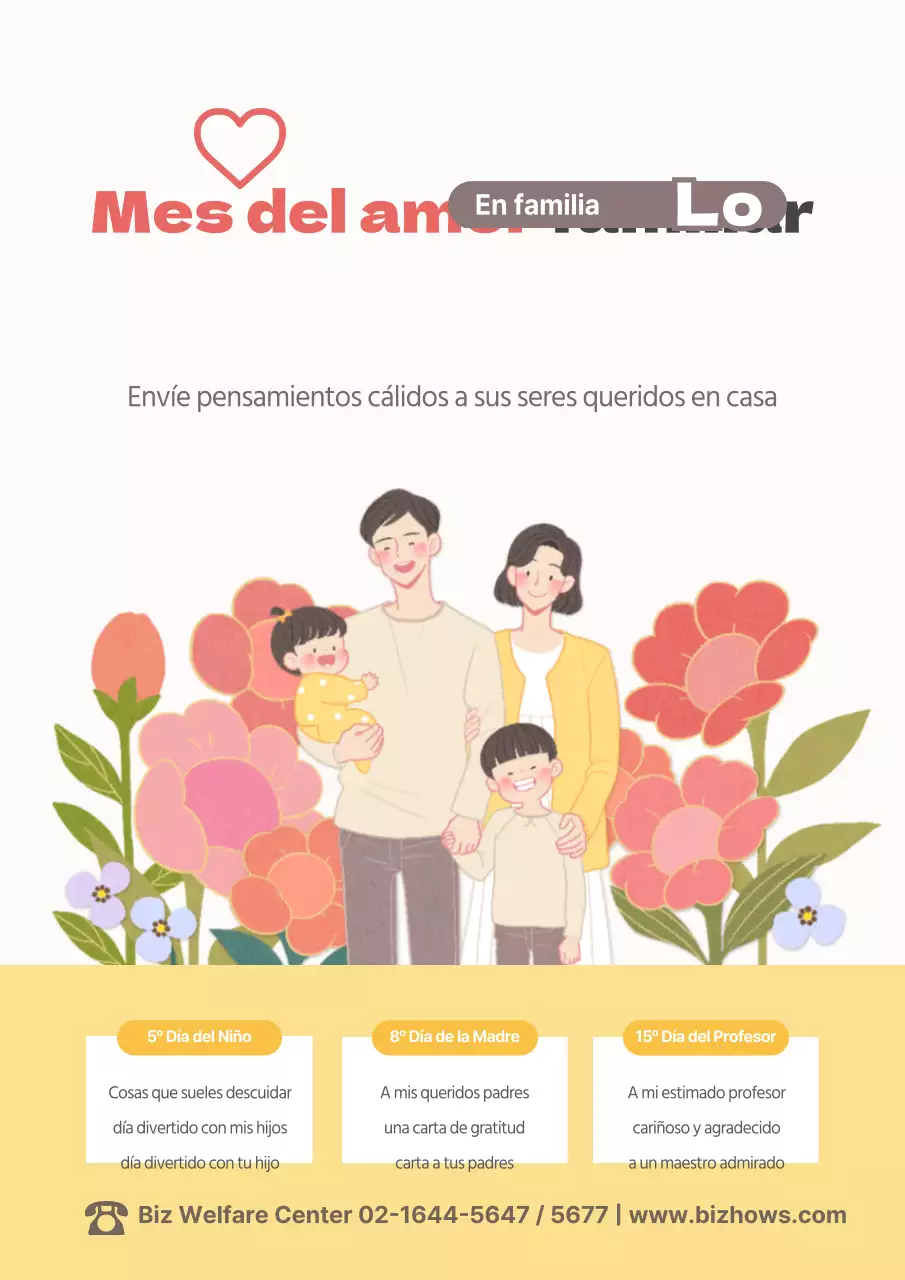 Una preciosa guía conceptual de aniversario familiar de mayo con flores amarillas y rosas e ilustraciones de familias