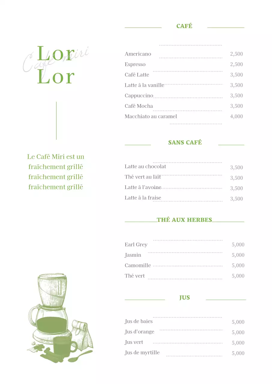 Illustration au stylo d'une affiche de menu de café en blanc et vert lime