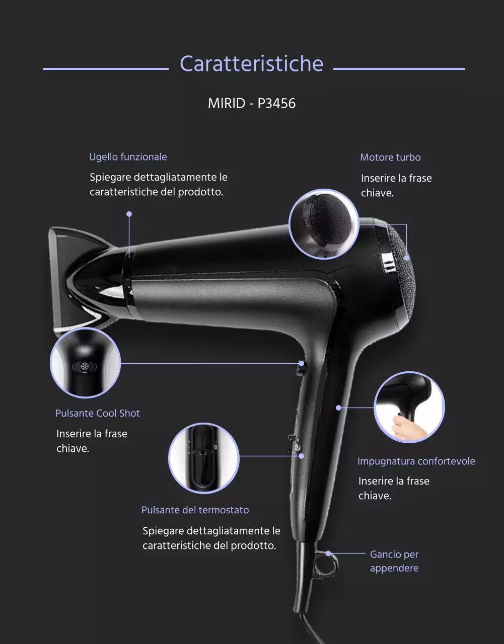 Asciugacapelli nero e viola con un concetto pulito