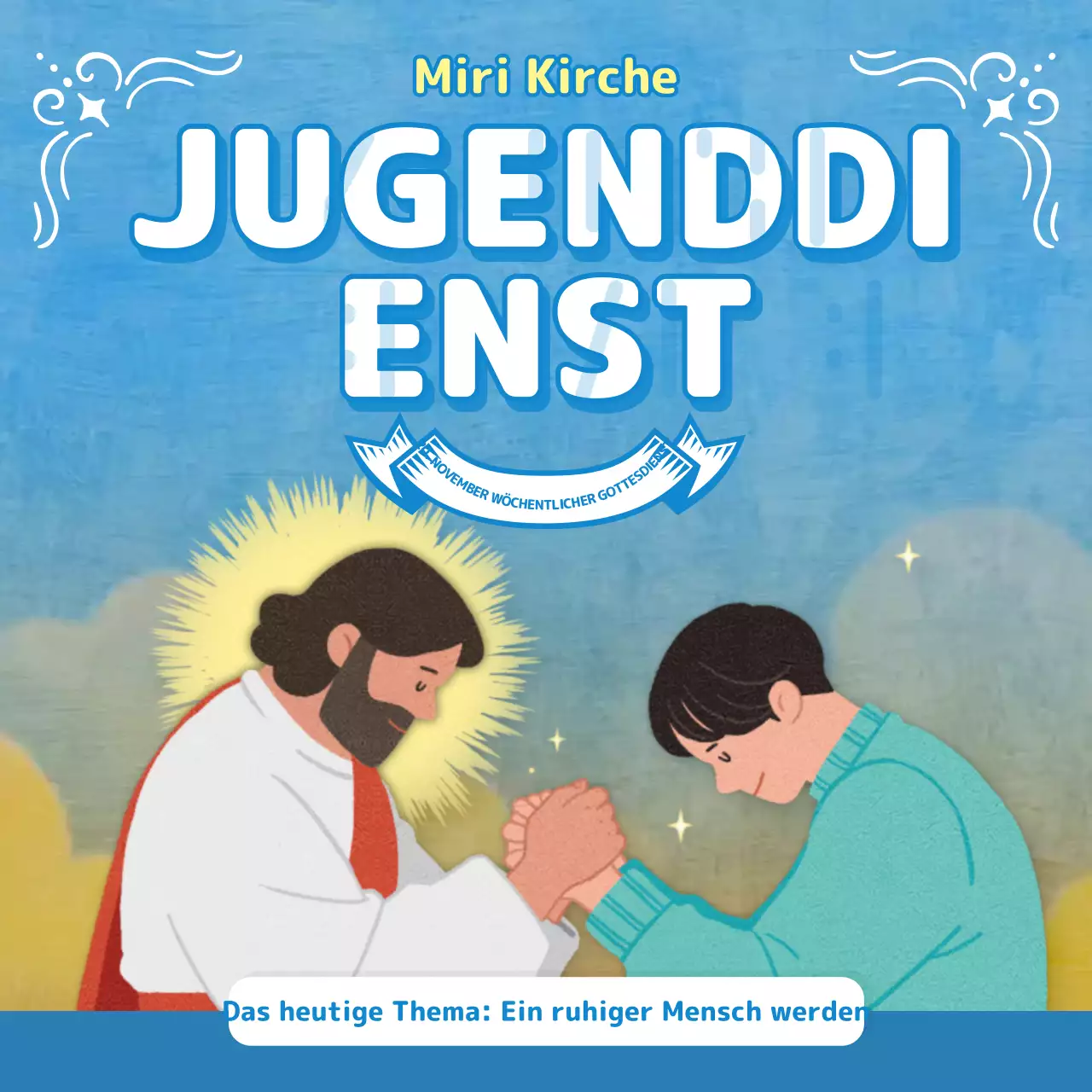 Gottesdienstbulletin in hellblauen Tönen mit christlichen Illustrationen