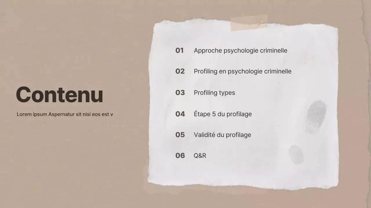 Présentations de recherche en psychologie criminelle sur le thème du papier brun