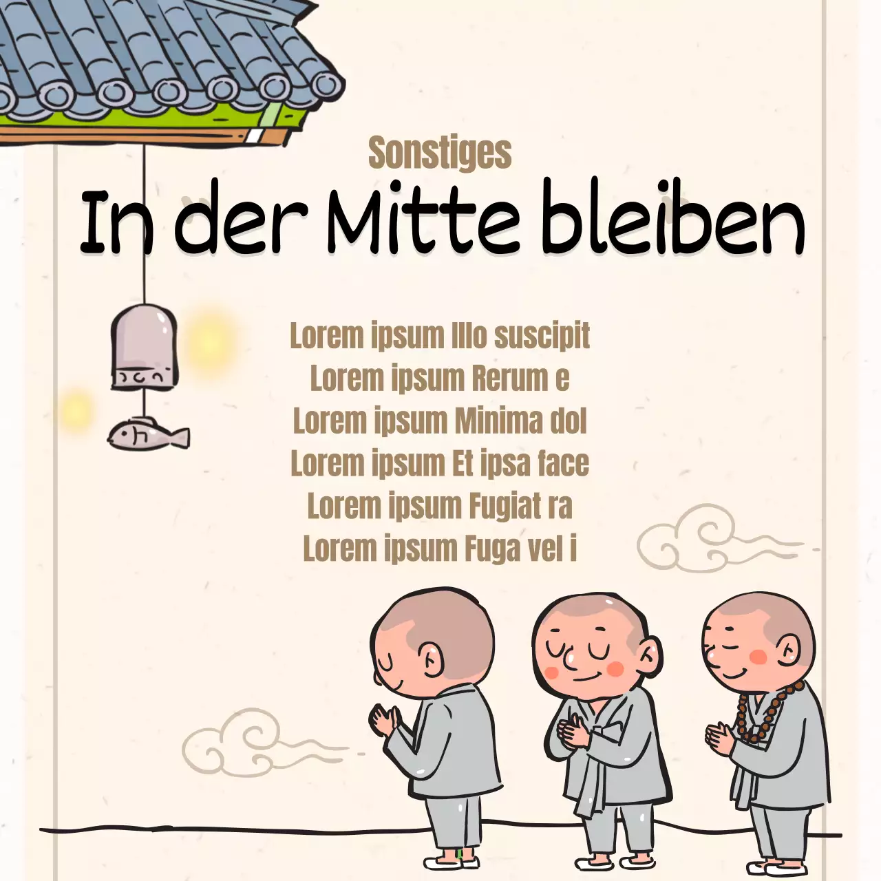 Eine Sammlung von buddhistischen Illustrationen in Beige.