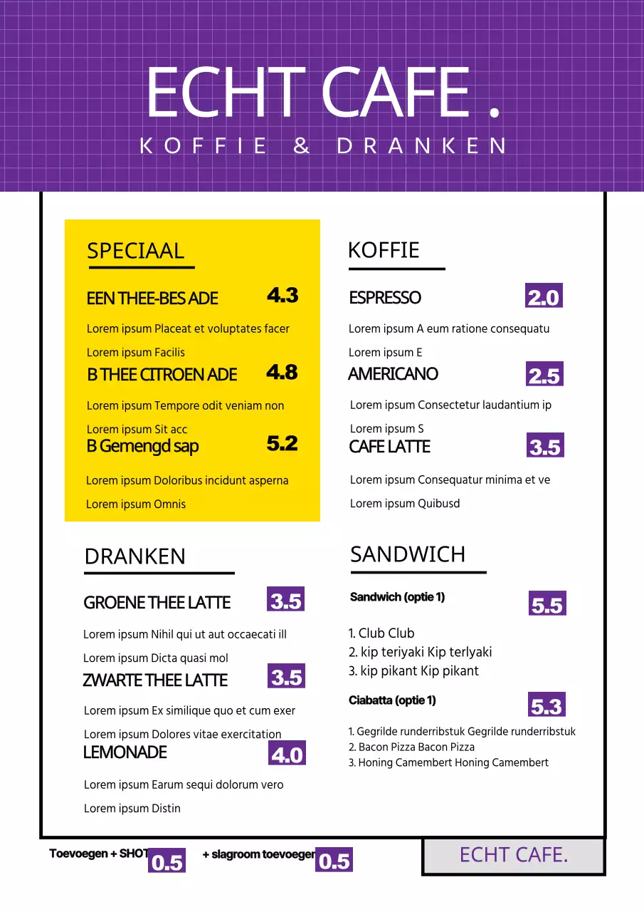Paars wit cafe drank menu menubord