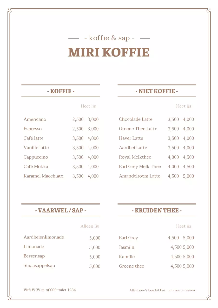 Eenvoudige café menuposter in wit en bruin