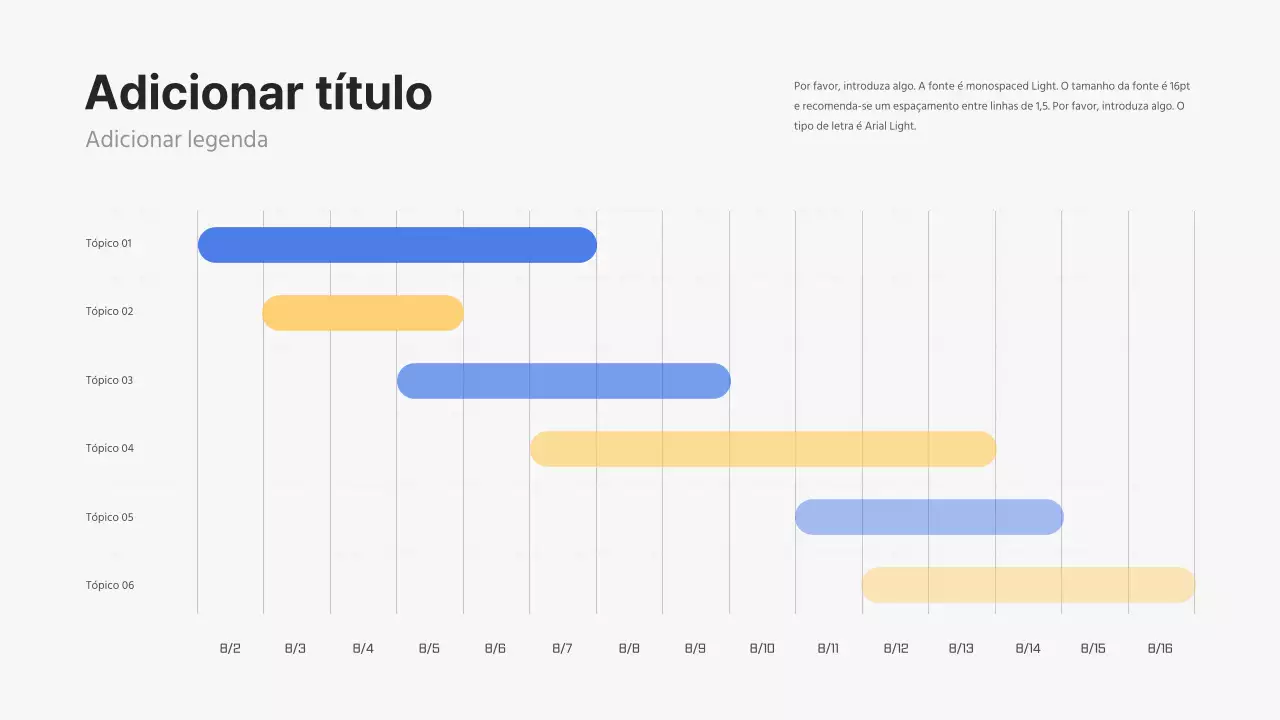 Gráfico de Gantt concetual limpo em azul e amarelo