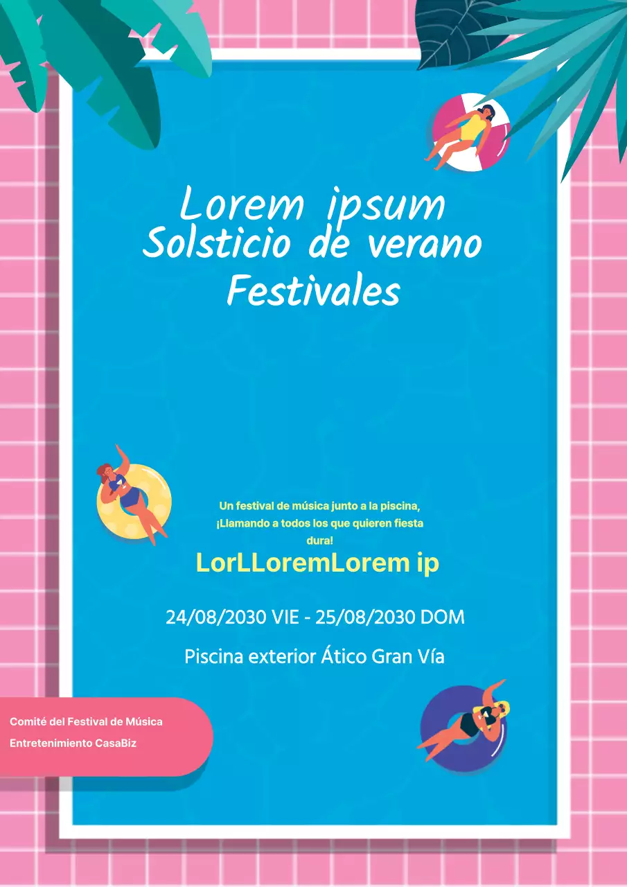 Bonito folleto promocional de un festival de música de verano en rosa y azul claro