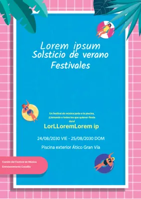 Bonito folleto promocional de un festival de música de verano en rosa y azul claro