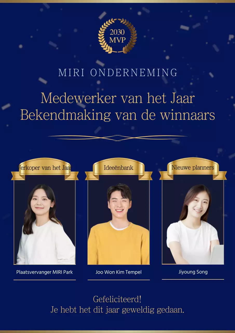 Bekendmaking van de winnaars in een blauw en goud awards thema