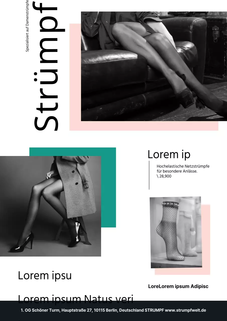 Werbung für Strümpfe mit einem Schwarz-Weiß-Foto von türkisfarbenen und rosa Strümpfen