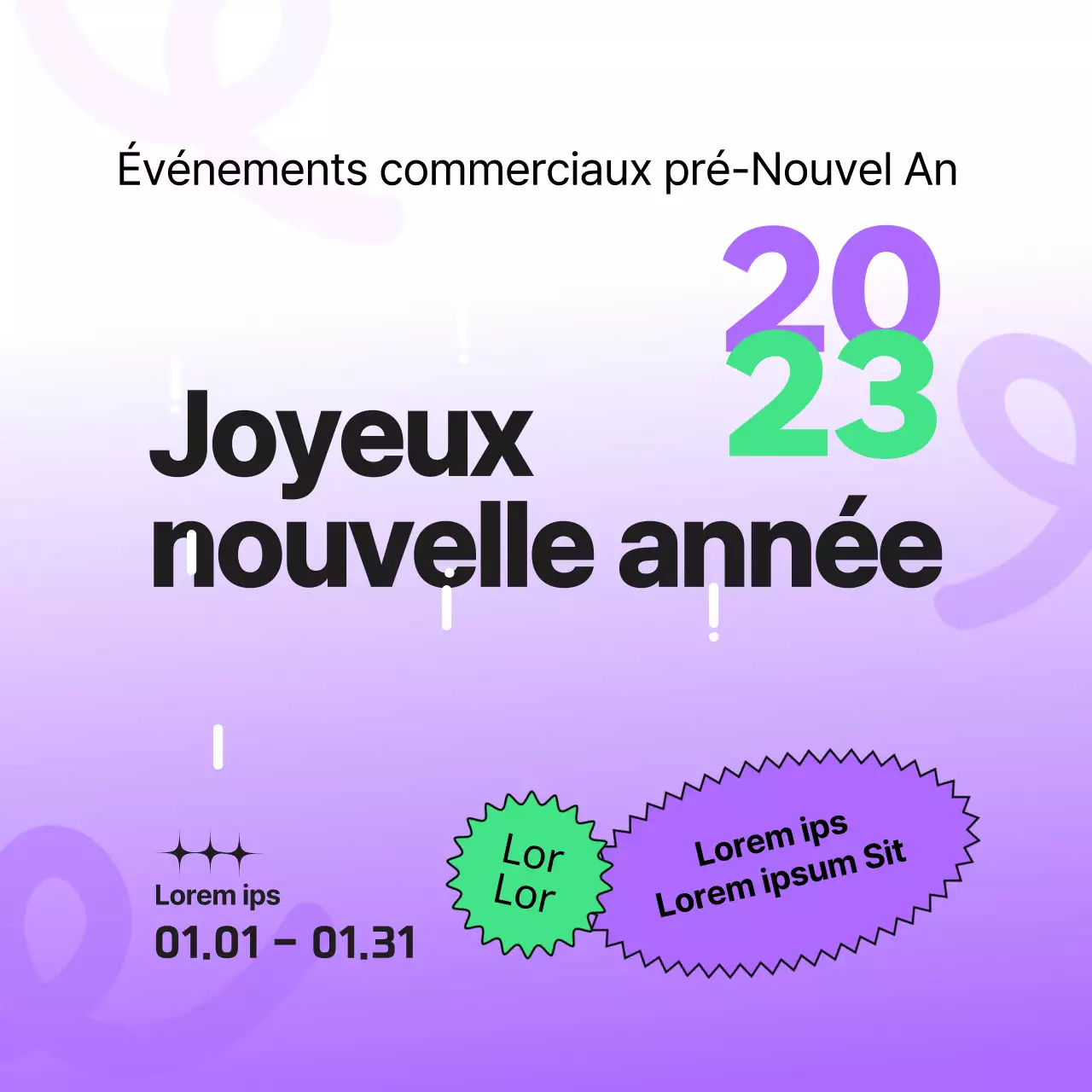 Publicité Happy New Year 2023 en violet et chartreuse fluorescente