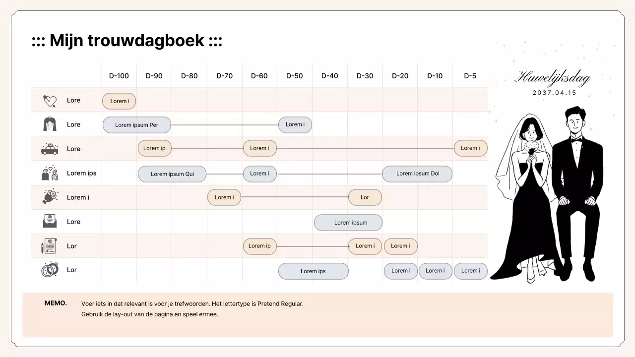 Wedding planning Gantt chart in beige en mauve kleuren