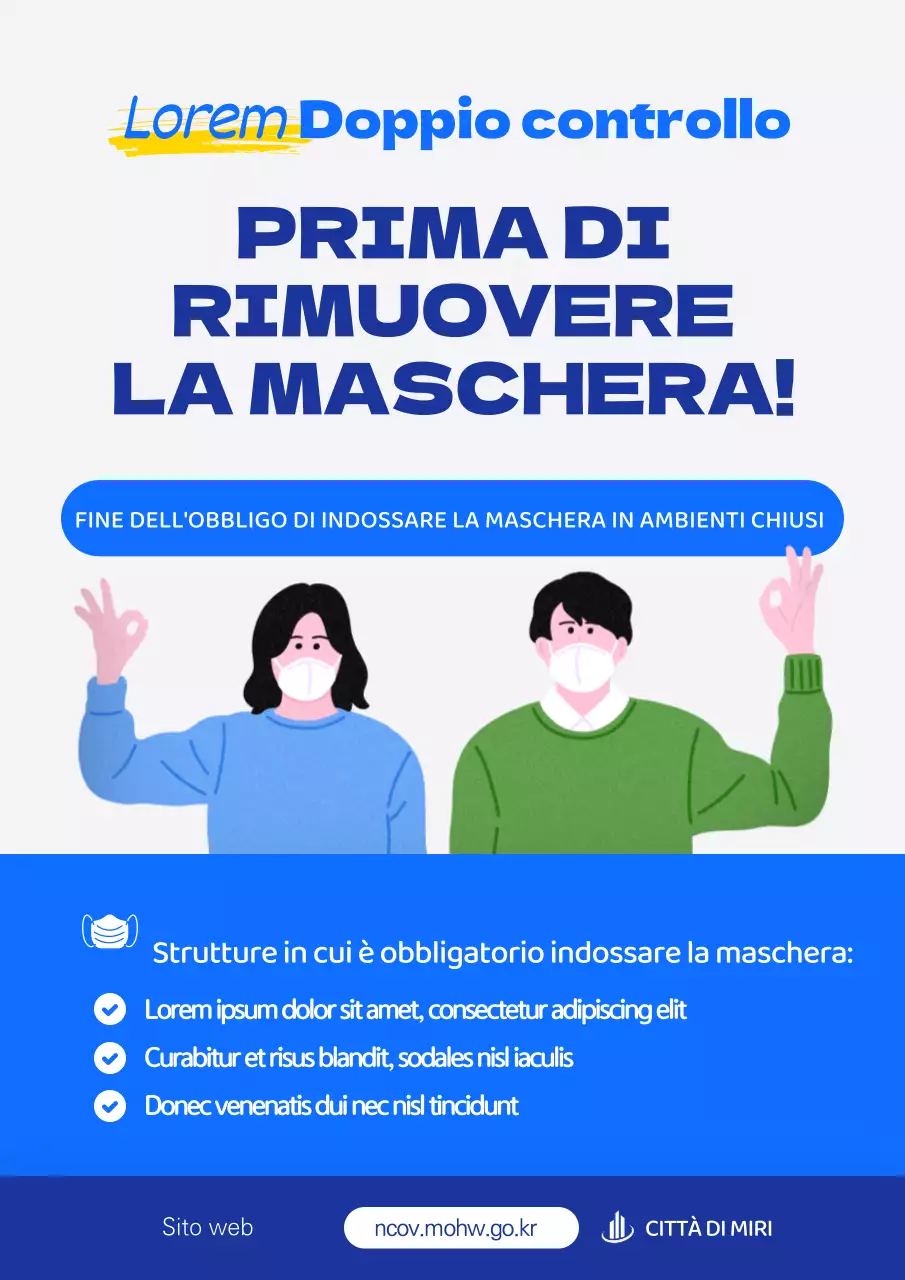 Un promemoria pulito, blu e illustrato che ricorda che le maschere non sono obbligatorie.