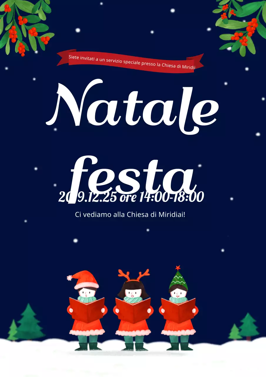 Poster natalizio per la chiesa con illustrazione di bambini che cantano Starry Sky in blu navy