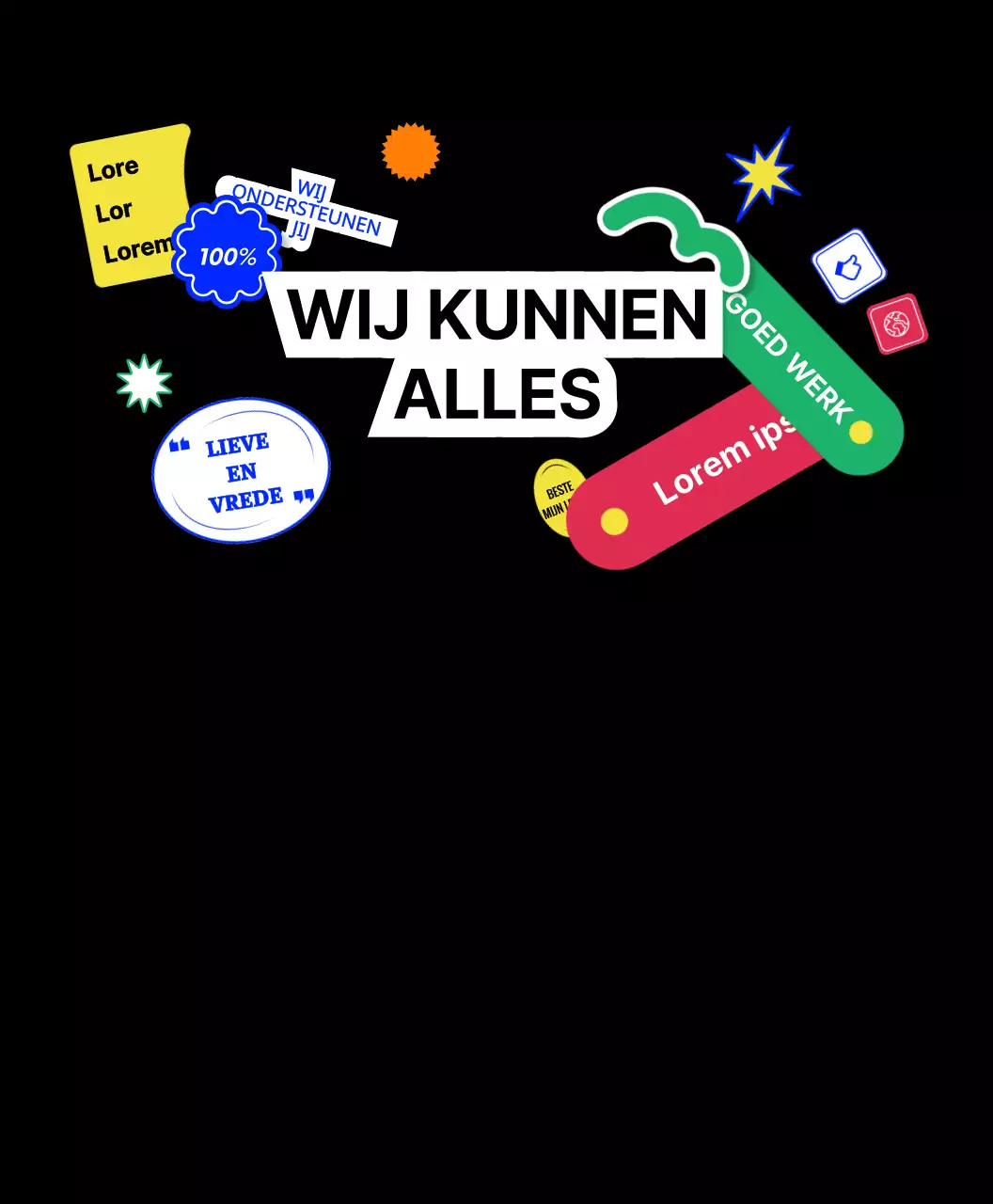 Hip concept merchandise groep t-shirts met kleurrijke tekst en iconen