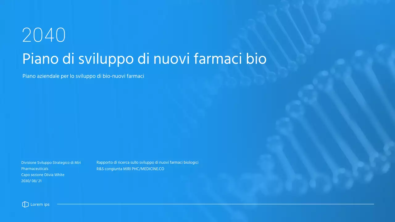 Un business plan pulito e dai toni blu per un'azienda farmaceutica che sviluppa un nuovo farmaco.