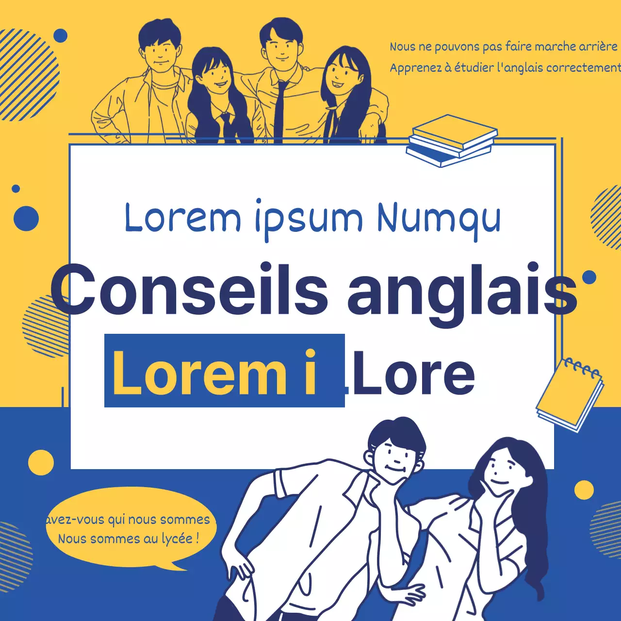 Illustration simple en jaune et bleu pour promouvoir l'apprentissage de l'anglais