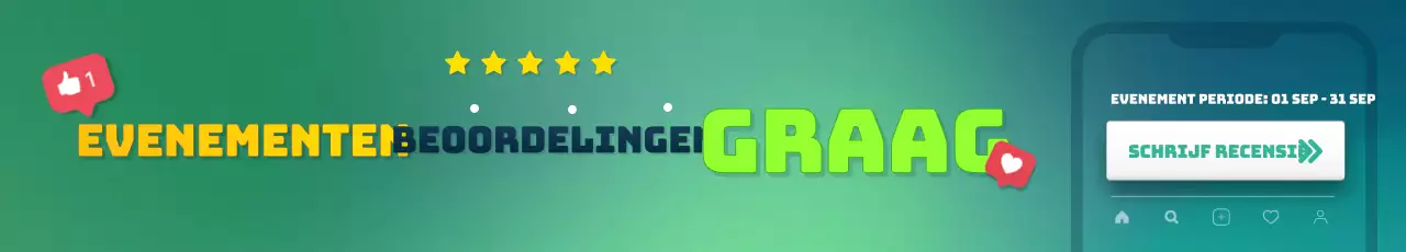 Review evenement promotie banner horizontale rechthoek met een fris groen en geel kleurenschema en een focus op titels