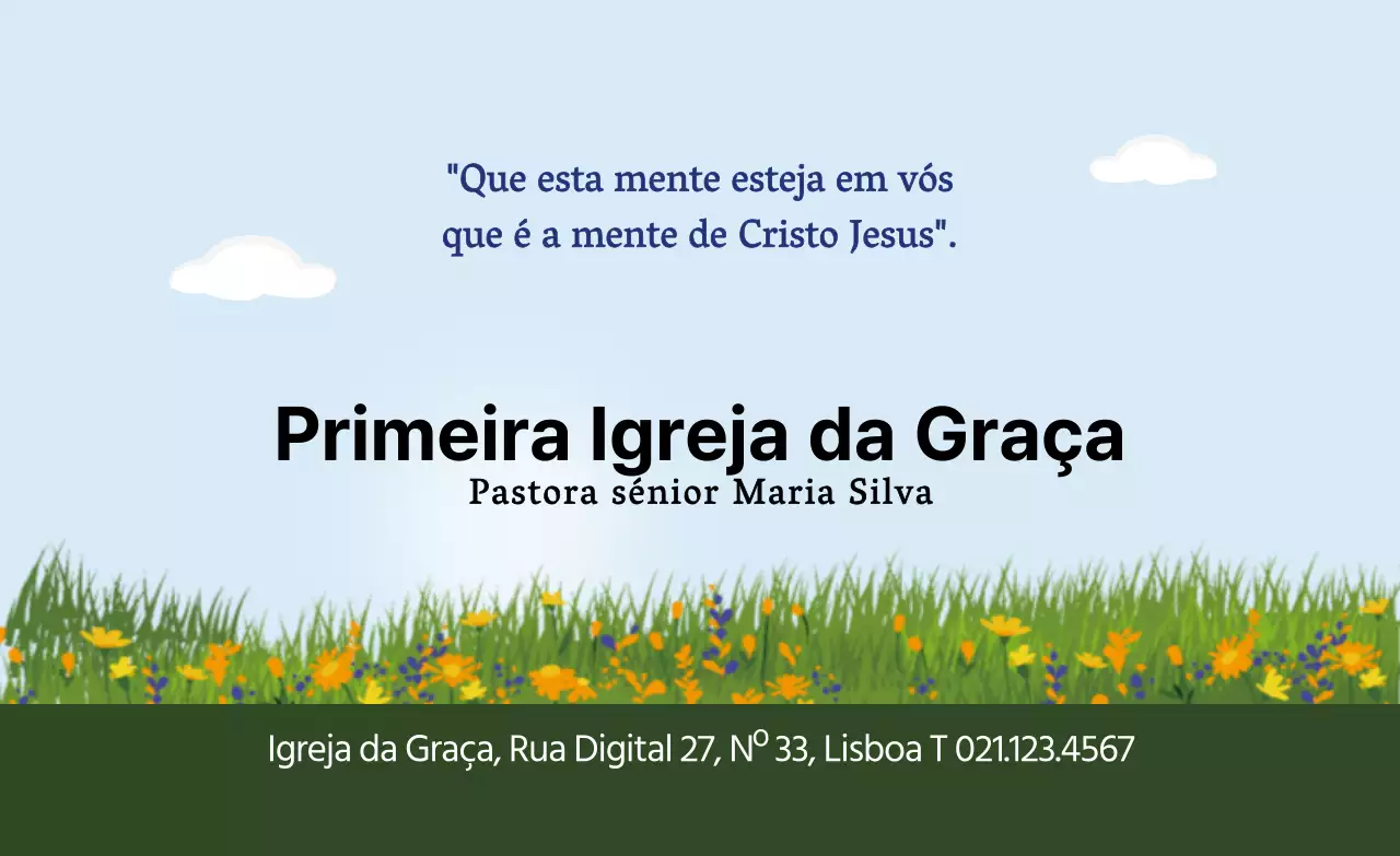 Ilustração de um jardim de flores verde céu azul igreja