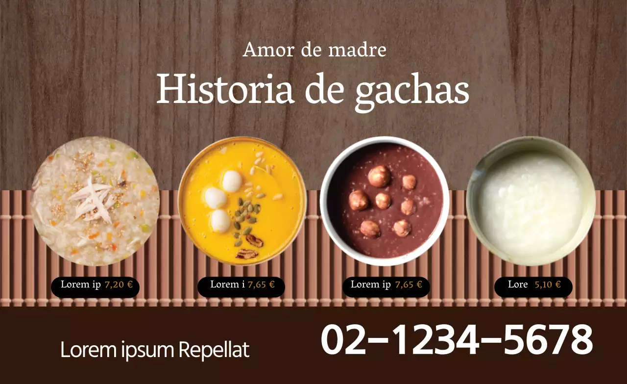 Etiqueta de menú de gachas de restaurante con acento fotográfico marrón