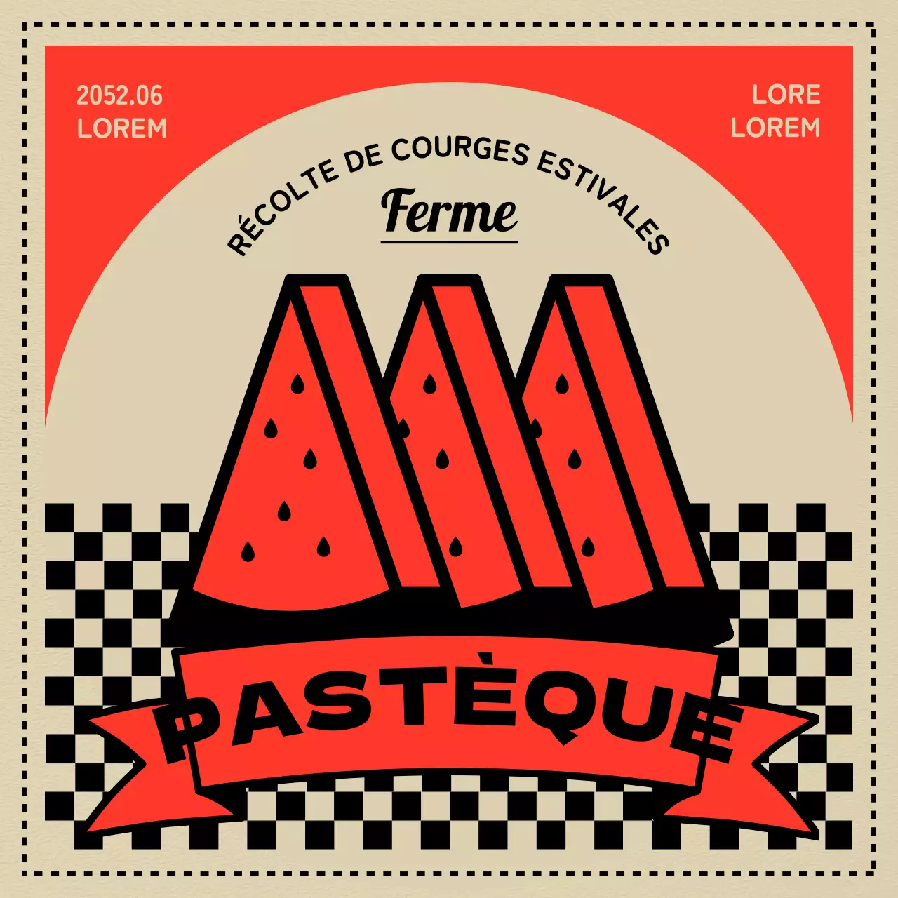 Concept rétro de cueillette de pastèques en beige et rouge