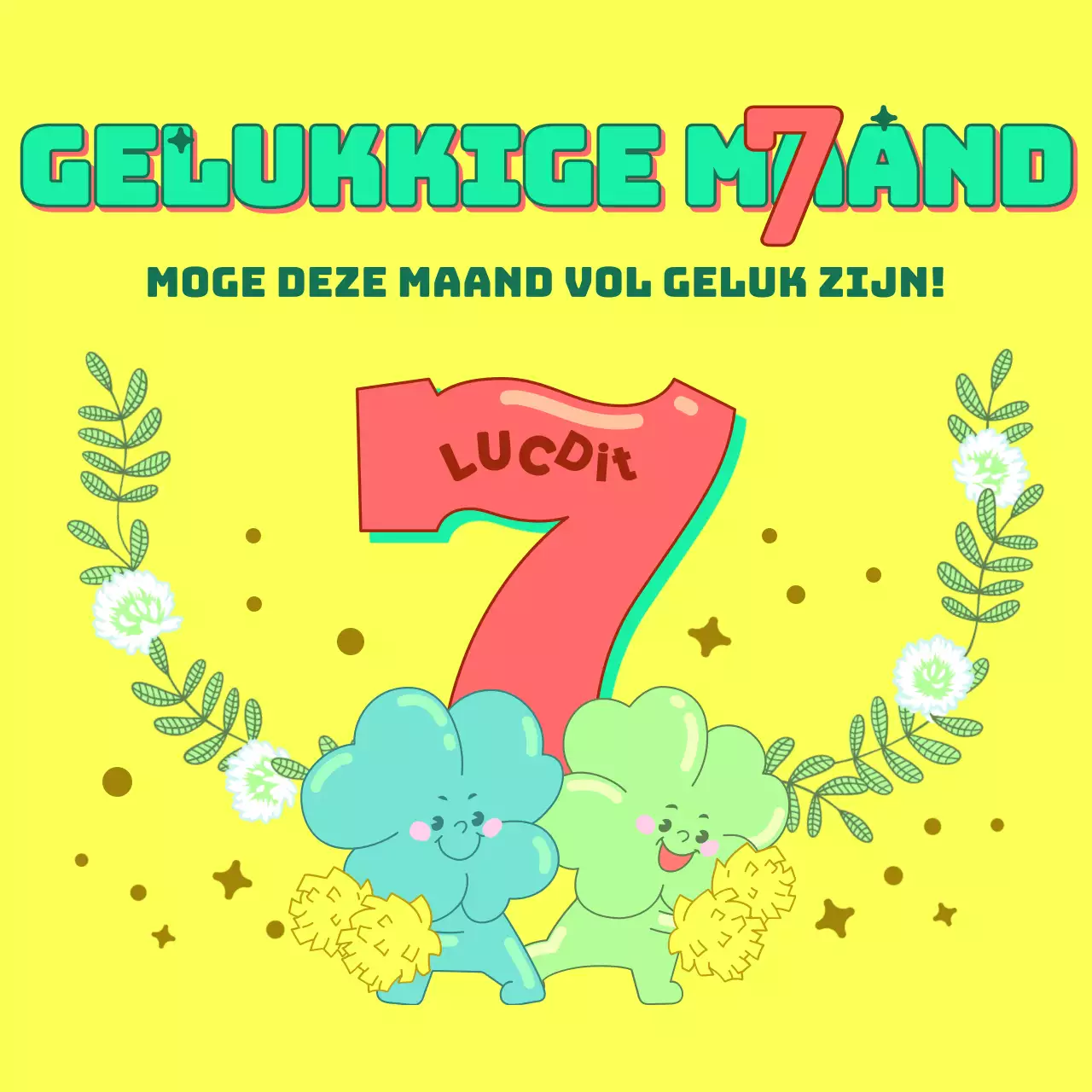 Geel geluksthema met heldere en schattige karakterillustraties