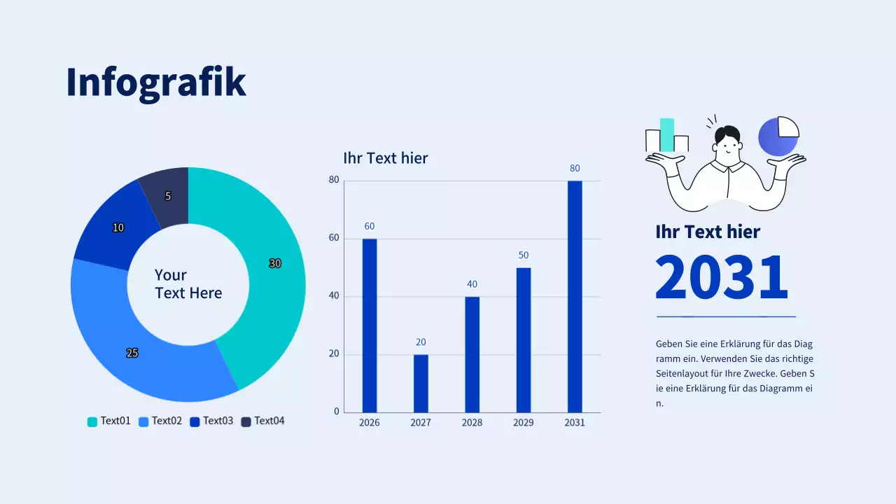 Donut-Diagramm und vertikale Balkendiagramm-Infografik mit blauen und hellblauen Diagramm-Illustrationen