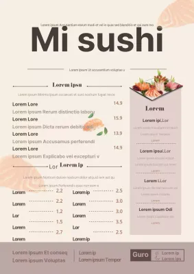 Cartel de menú en un restaurante de sushi con fotos amarillas e ilustraciones de pescado