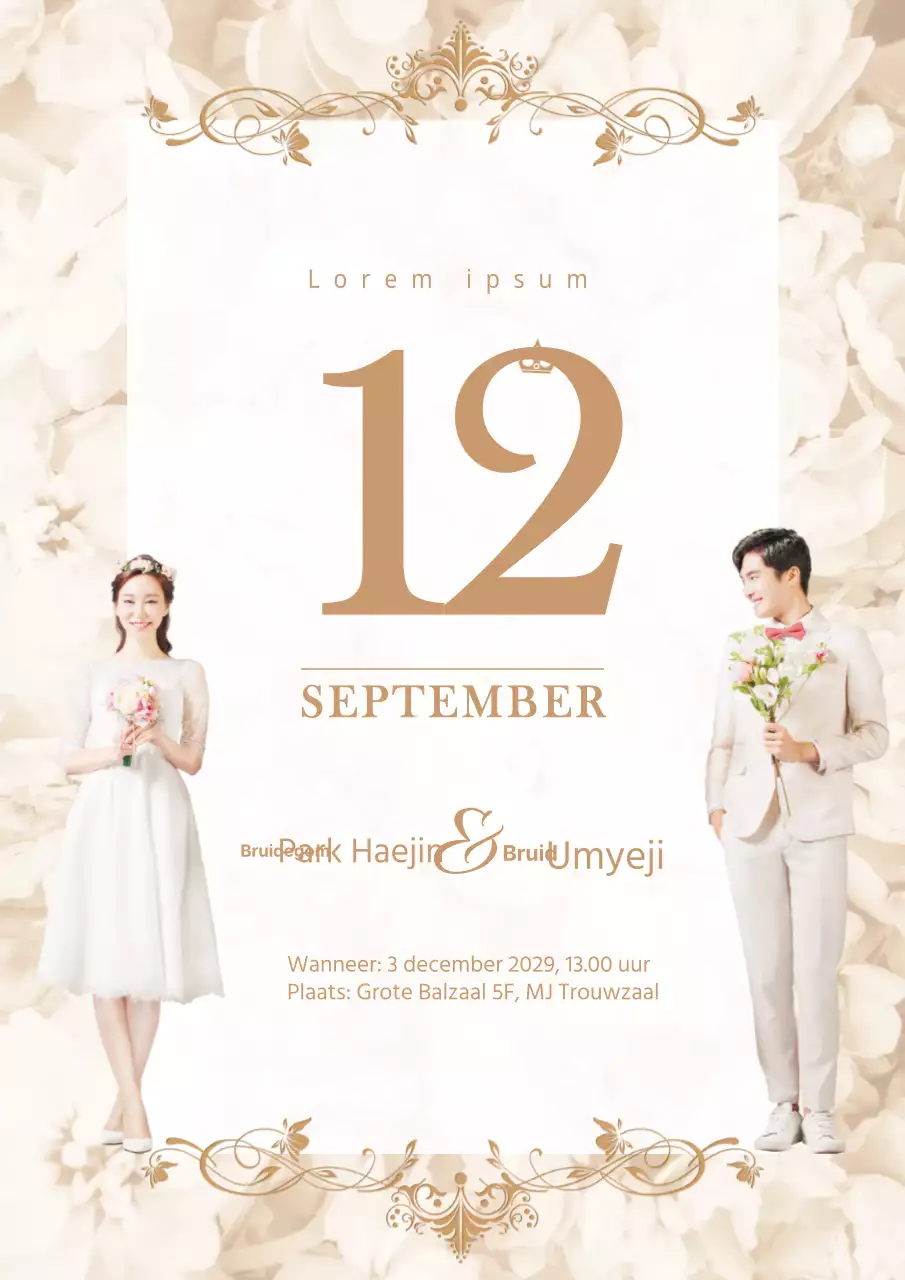 Luxe trouwgids met ivoor- en goudkleurige foto's van bruid en bruidegom