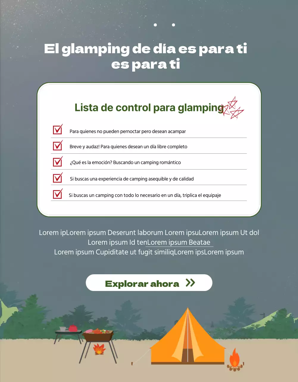 Sencilla página verde ilustrada de reservas de camping