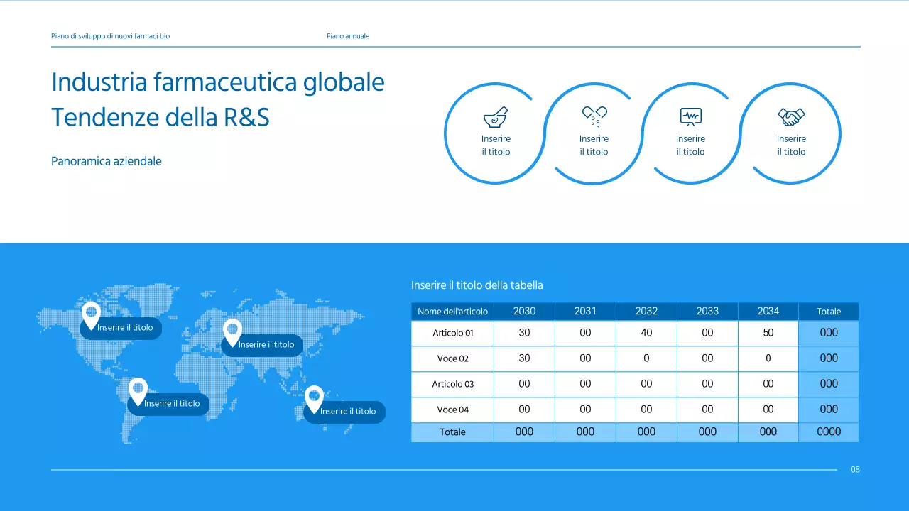 Un business plan pulito e dai toni blu per un'azienda farmaceutica che sviluppa un nuovo farmaco.