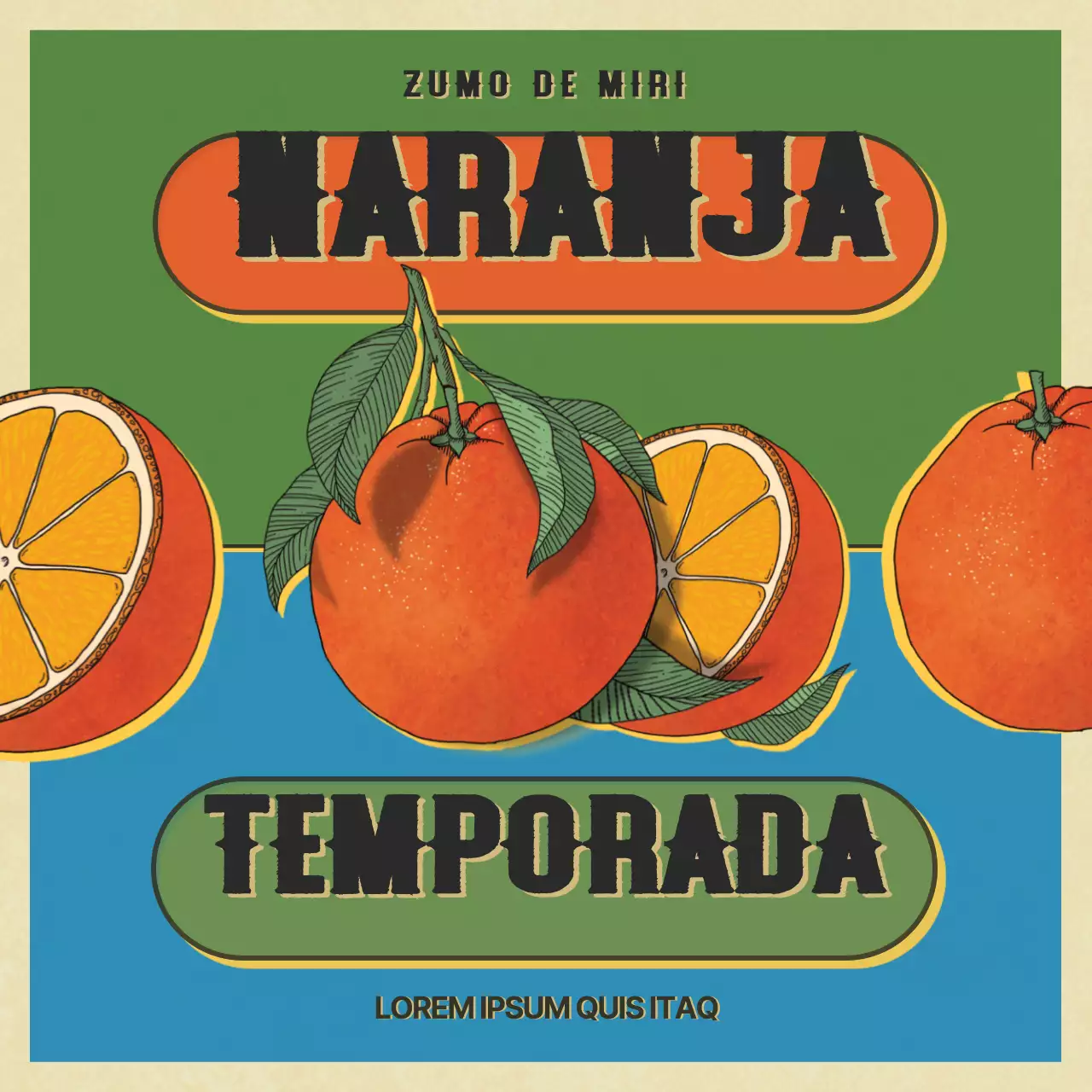 El concepto pop art naranja y verde presenta el menú de frutas de temporada