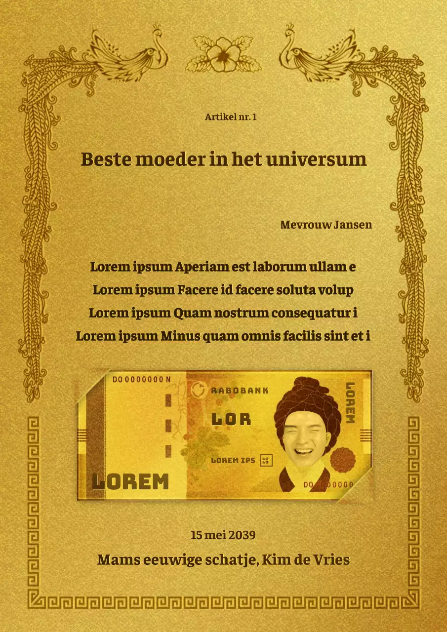 Moederdag notering en bankbiljetten met een gouden, kleurrijk concept