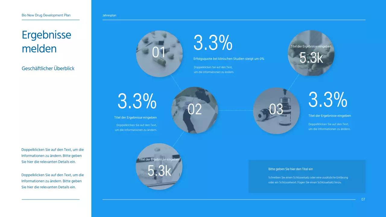 Ein sauberer, blau getönter Geschäftsplan für ein Pharmaunternehmen, das ein neues Medikament entwickelt.
