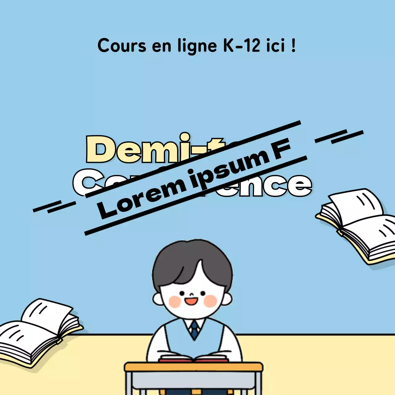 Fond bleu, étudiant animé, carnet de notes volant, demi-prix, conférence, événement