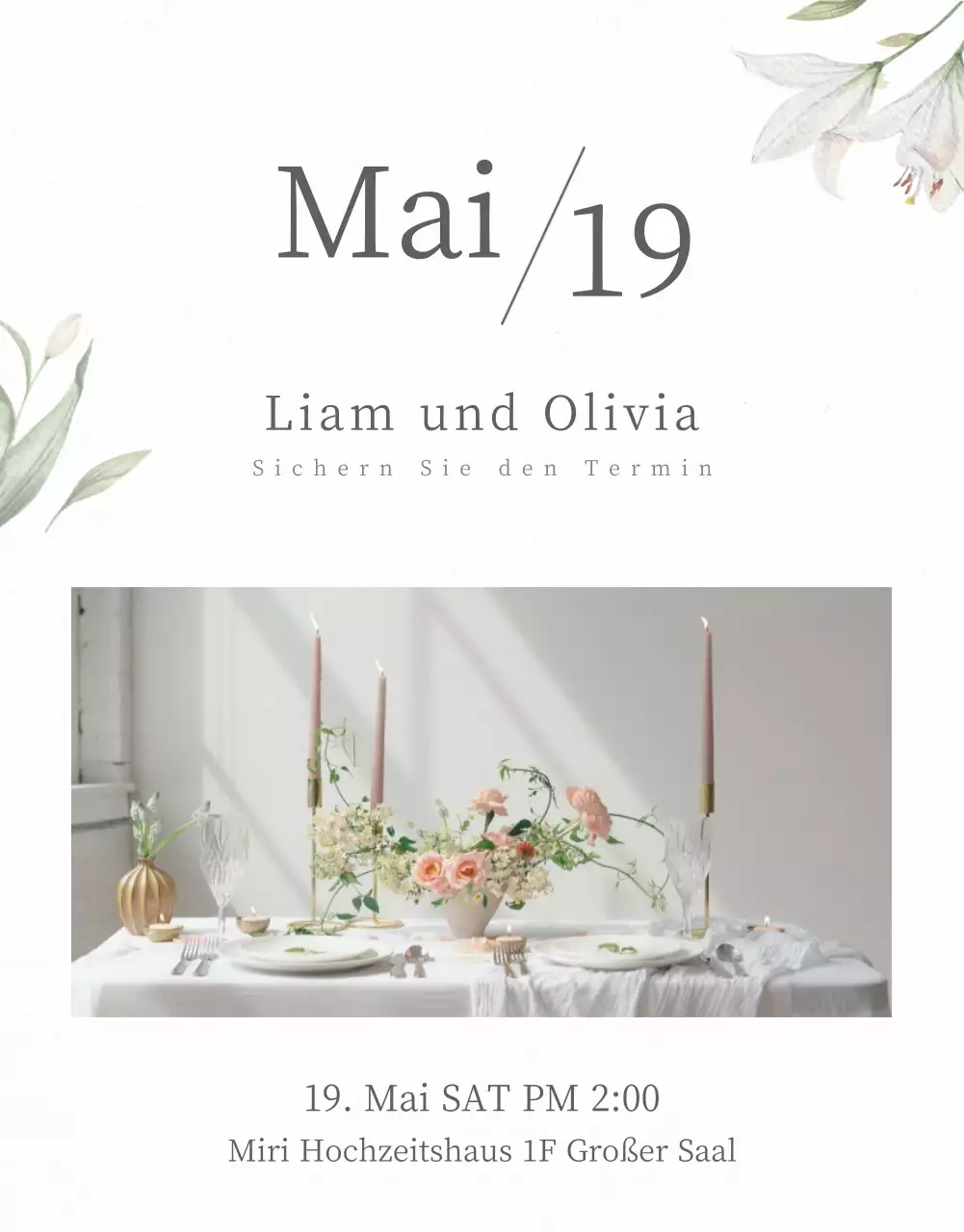 Mobile Hochzeitseinladung in Hellgrau und mit Blumen