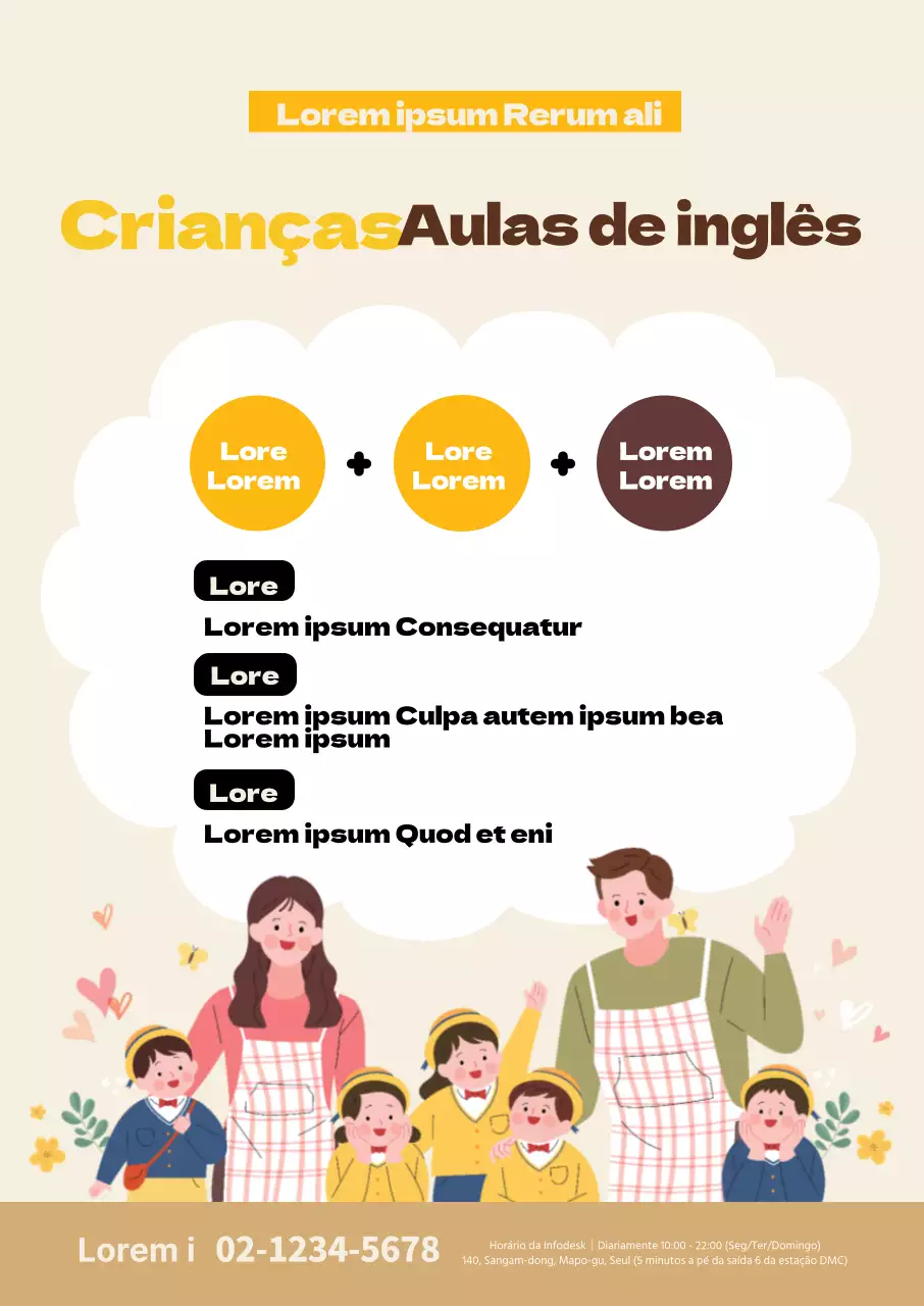 Ilustração a amarelo de uma promoção de uma escola de inglês