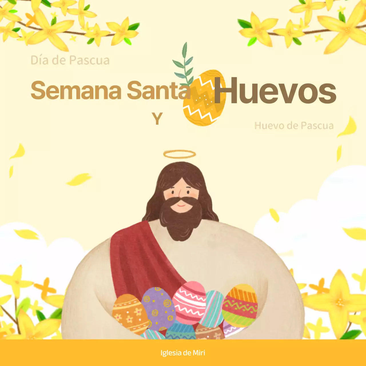Pascua y la descripción del huevo y la invitación de la iglesia con fondo floral amarillo