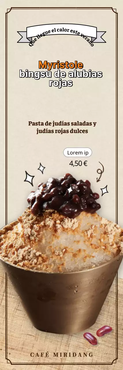 Banner de menú de cafetería con helado raspado de judías rojas en marrón brillante y beige