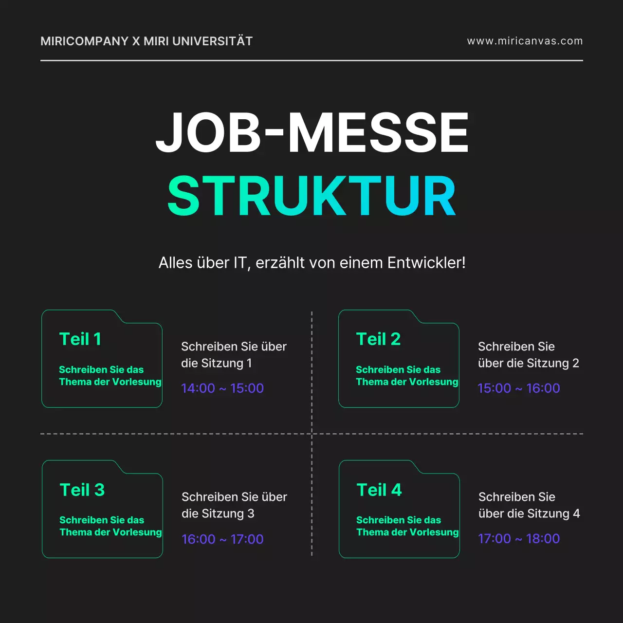 Eine Online-Stellenbörse für einen IT-Entwickler mit City-Pop-Atmosphäre, mit geometrischen Formen in Schwarz und Neonfarben.